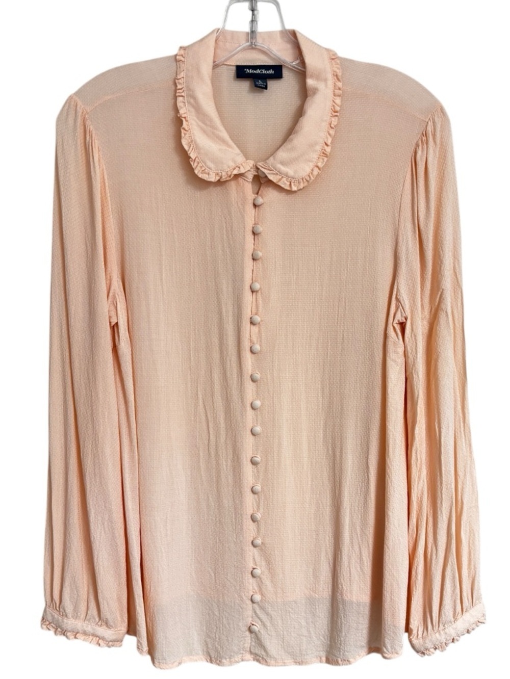 ModCloth Throughly Ladylike Pastel Pink Peach Ruffle Blouse Large Textured Top